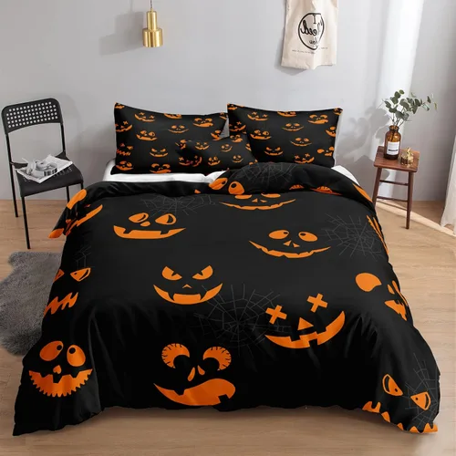 Miniatura 21 de Juego de funda de edredón de calabaza para Halloween, divertido diseño de calabaza malvada, color negro, juego de ropa de cama Tiwn 1 funda