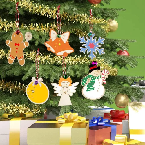 Miniatura 7 de OurWarm 48 adornos de Navidad de madera, 6 estilos de adornos de rebanadas de madera sin terminar, juego de adornos de Navidad con campanas