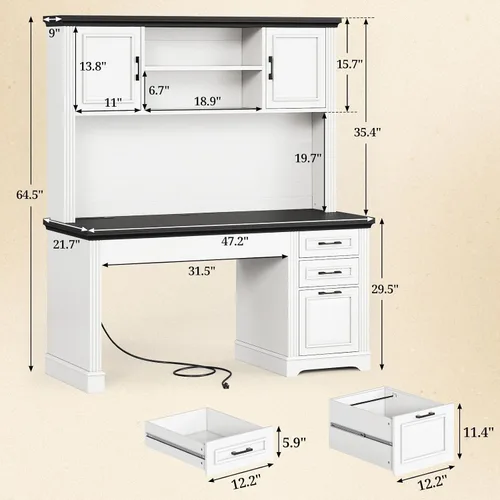 Miniatura 2 de SEDETA Escritorio para computadora estilo granja con estantería superior y 3 cajones, escritorio de oficina ejecutivo de 47.2" con cajones de Blanco