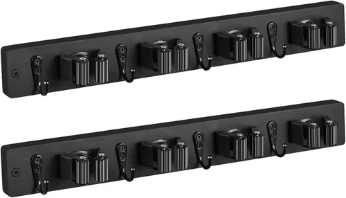 Miniatura 10 de OUTNILI Soporte de Pared Negro para Escoba y Trapeador con 4 Ranuras y 4 Ganchos - Colgador de Escoba y Trapeador de Madera Rústica para Despensa