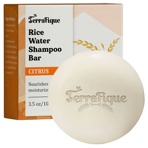Barra de champú de agua de arroz, aroma cítrico, champú nutritivo con manteca de cacao, manteca de karité para el crecimiento del cabello, 3.5 onzas