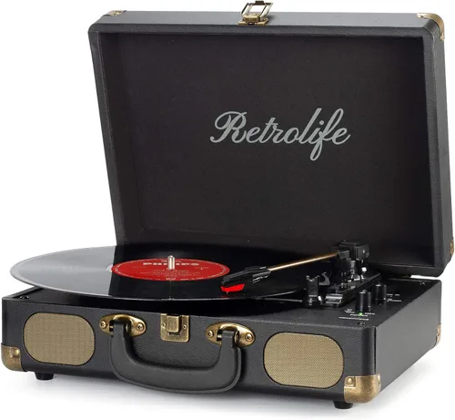Reproductor de discos de vinilo de 3 velocidades con Bluetooth, maleta portátil, reproductor de discos accionado por correa con altavoces