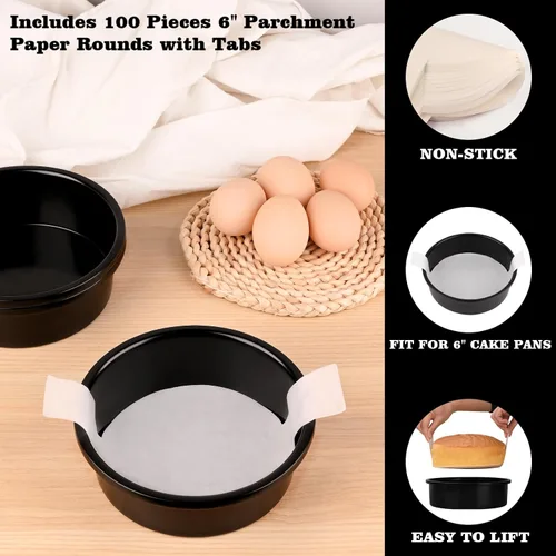 Miniatura 5 de HUAKENER Molde para pasteles de 6 pulgadas, juego de 3 moldes redondos para pasteles con 100 piezas de papel pergamino, moldes antiadherentes