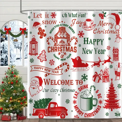 Miniatura 12 de Cortina de ducha de Feliz Navidad, trineo de Papá Noel, reno, copo de nieve, vacaciones, cuadros rojos y verdes, juego de cortinas de ducha