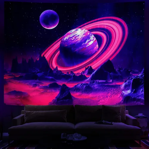 Leofanger Tapiz de planeta trippy con luz negra, tapiz de pared de montaña reactivo a los rayos UV, tapiz espacial de galaxia, cielo nocturno