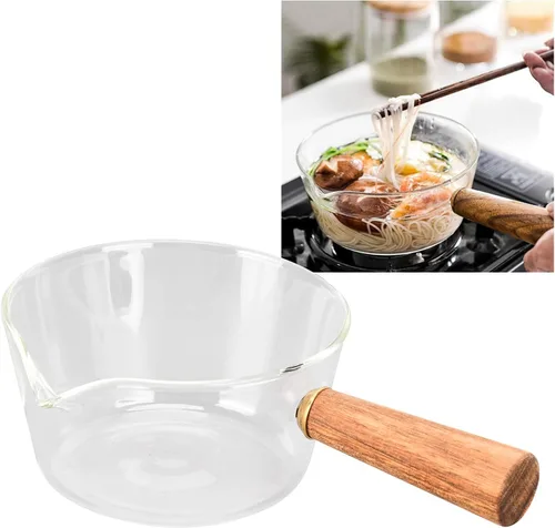 Miniatura 3 de Sartén para leche, olla de leche de vidrio con mango de madera antiadherente, con boquilla en forma de V, cacerola para cocinar, accesorios