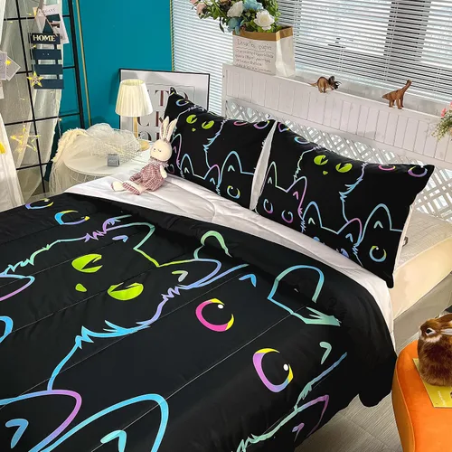 Miniatura 5 de BailiPromise Juego de edredón de 3 piezas con diseño de animales Kawaii negros para niños, tamaño individual, lindo juego de ropa de cama de dibujos