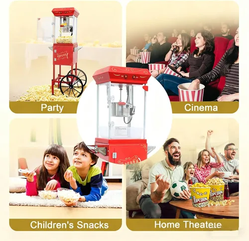 Miniatura 6 de Máquina de palomitas de maíz con hervidor de 9 onzas, cocina de maíz de acero inoxidable, máquina de maíz pop con carrito retro vintage y ruedas