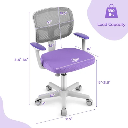 Miniatura 3 de Silla de escritorio para niños, silla ergonómica giratoria para estudio con soporte lumbar, malla transpirable y ruedas universales, silla de Violeta