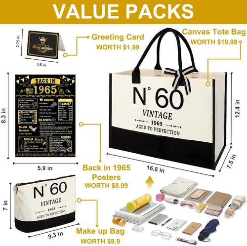 Miniatura 4 de YeohJoy Regalos de 60 cumpleaños para mujeres, bolsa de lona para viaje, regalos únicos de 60 años para su esposa, hermana, mamá, tía, amigas, bolso