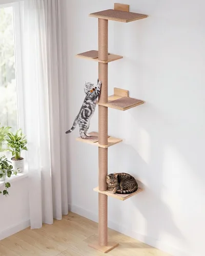 Árbol para gatos de 80.3 pulgadas de alto para pared, árbol de gato de 5 niveles de piso a techo, árbol para gatos ajustable montado en la pared con
