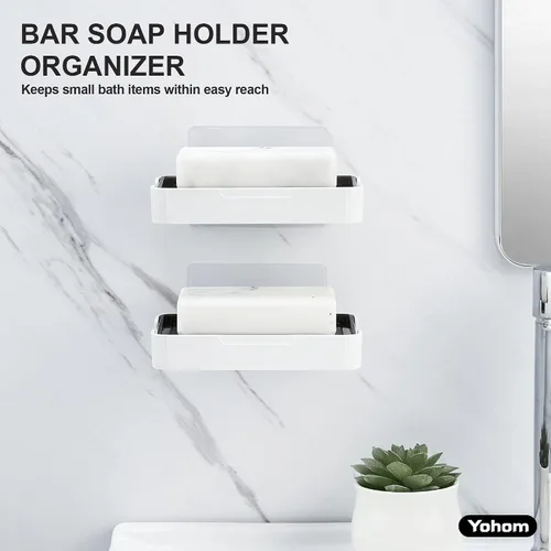 Miniatura 8 de YOHOM Jabonera adhesiva para colgar en la pared de la ducha con bandeja de drenaje, soporte de jabón para fregadero de baño, 2 unidades Negro