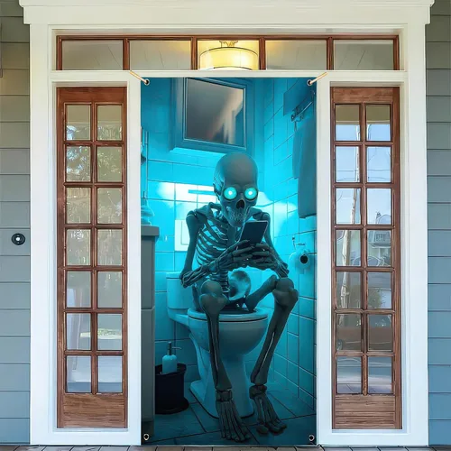 Miniatura 5 de BlissYard Cubierta de puerta de Halloween de 71 x 35 pulgadas, divertido esqueleto en la puerta del inodoro, decoración de ojos brillantes, escena