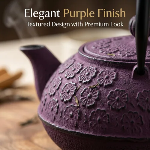 Miniatura 5 de Tetera de hierro fundido de 30 onzas, forro esmaltado con infusor de metal, tetera de té, morado