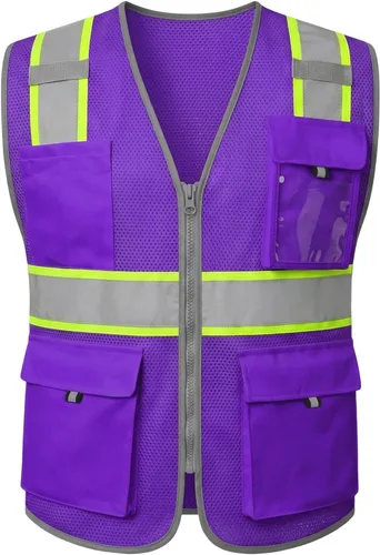 HYCOPROT Chaleco de seguridad de alta visibilidad, chaleco de seguridad reflectante de alta visibilidad con bolsillos, cumple con las normas Púrpura