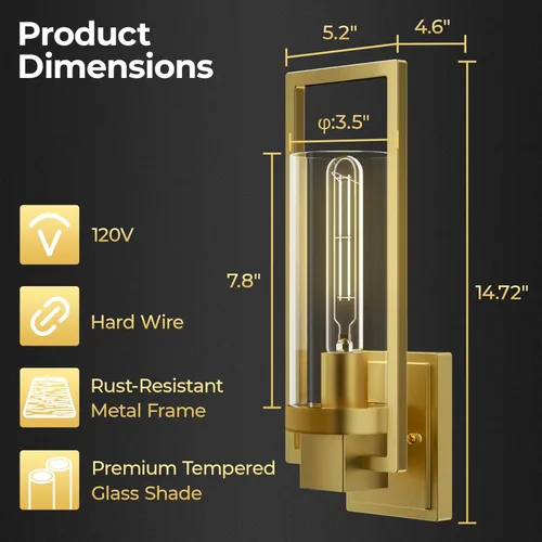 Miniatura 4 de CINOTON Apliques de Pared Dorados Juego de 2, Lámpara de Pared Montada de 15" Oro Cepillo, Apliques de Pared Vintage con Conexión Eléctrica AC 120V