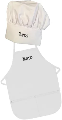 Bordado personalizado fabricado en los Estados Unidos – Añade un nombre para niño delantal y sombrero – Tallas para niños pequeños y niños Blanco