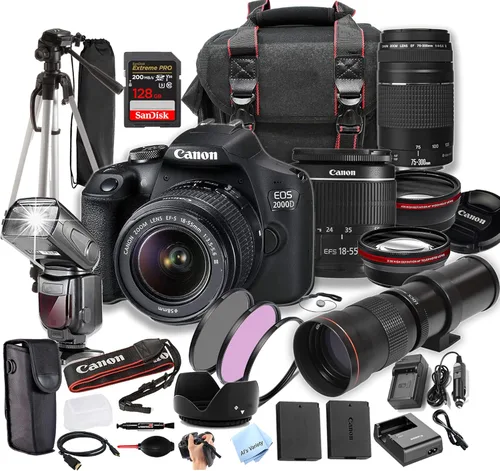 Canon EOS 2000D (Rebel T7) con 0.709-2.165 in y 2.953-11.811 in + lente súper teleobjetivo de 16.535-31.496 in + tarjeta de velocidad extrema de 128