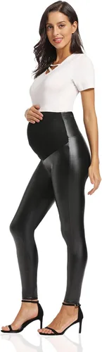 Miniatura 6 de Foucome Leggings de maternidad de piel sintética de cintura alta, elásticos y cómodos, mallas sobre el vientre