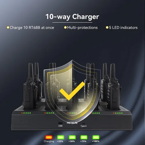 Miniatura 3 de Retevis Walkie Talkies RT68B para adultos de largo alcance, botón pulsador, cargador de 10 vías y auriculares, carga más fácil y segura, radios