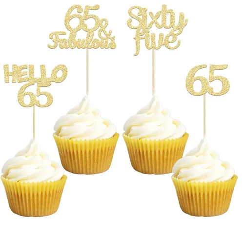 Gyufise 24 adornos dorados para cupcakes de cumpleaños 65 Hello 65 Sixty Five Cake Toppers 65 y fabulosas selecciones para cupcakes para cumpleaños