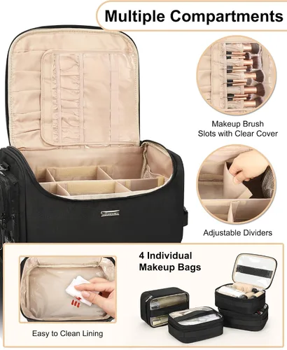 Miniatura 3 de Relavel Estuche de tren de maquillaje rodante, estuche de cosmetología sobre ruedas con 4 bolsas transparentes, bolsas profesionales para Negro