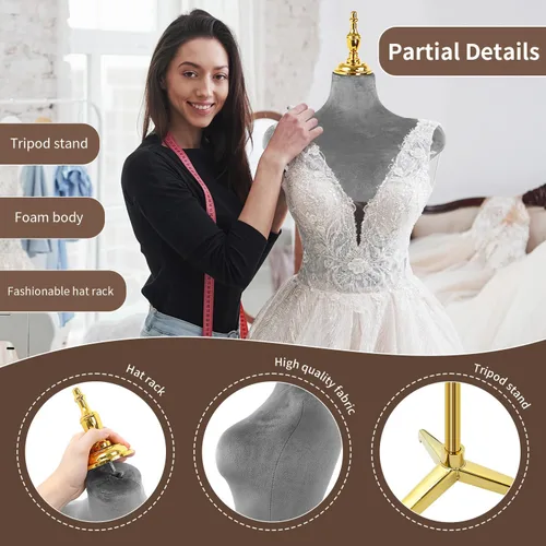 Miniatura 2 de Soporte de trípode de maniquí femenino de terciopelo gris,Maniqui ajustable en altura para cuerda,Maniquí de forma de vestido y exhibición