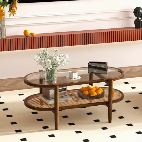 Miniatura 7 de Giantex Mesa de centro de ratán, mesa de té de madera ovalada de 2 niveles con mesa de vidrio templado y estante de almacenamiento de ratán de Negro