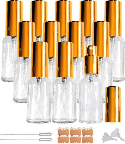 Paquete de 12 botellas de vidrio transparente de 1 onza para aceites esenciales, botella de spray pequeña, aerosol de niebla fina, rociador dorado,