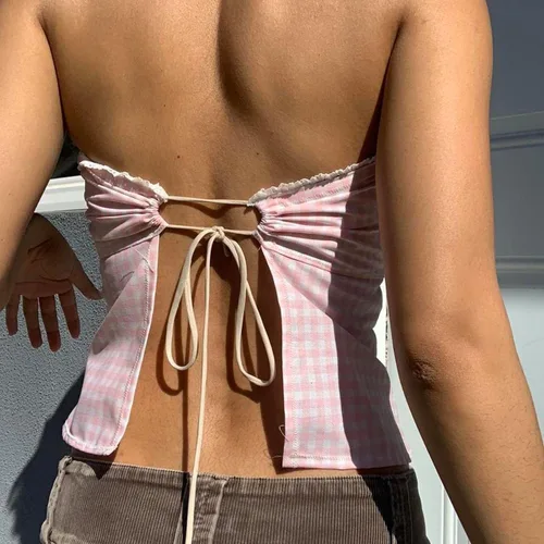 Miniatura 2 de Camiseta sin mangas Y2K para mujer, con tirantes delgados, ribete de encaje, a cuadros, floral, sin mangas, ombliguera estética de hadas