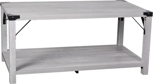 Miniatura 3 de BizChair Modern Farmhouse - Mesa auxiliar de 2 niveles, marco de madera de ingeniería gris Aspen, soportes laterales entrecruzados de metal negro