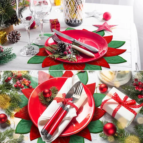 Miniatura 5 de Ganeen 12 manteles individuales bordados de Navidad con apliques de flor de pascua roja para decoración de mesa en el hogar, comedor, día festivo