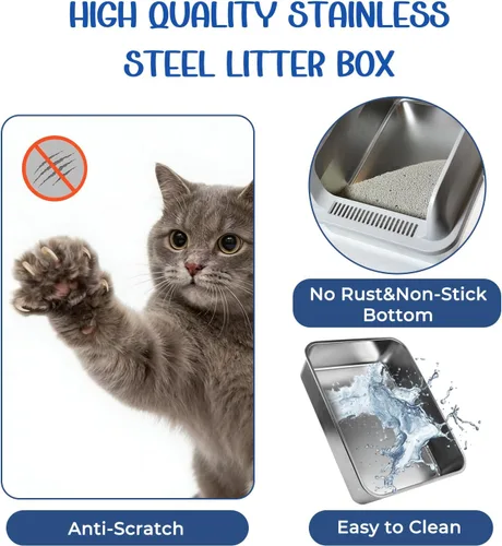 Miniatura 6 de Caja de arena para gatos de acero inoxidable, caja de arena de pared alta para gatos pequeños, caja de arena de metal con tapa, antiadherente