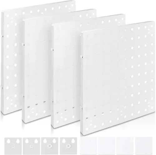 Miniatura 7 de Organizador de pared de tablero de clavijas blanco, 4 piezas, tablero de clavijas autoadhesivas, kits de panel de pared, almacenamiento para sala