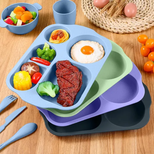 Miniatura 6 de 24 piezas de vajilla de paja de trigo con juego de cubiertos para adultos, incluyendo platos divididos, aptos para microondas y lavavajillas