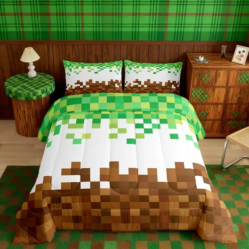 Miniatura 14 de Pixelated Miners - Juego de edredón para niños, tamaño individual, juego de ropa de cama de videojuegos a cuadros geométricos para adolescentes