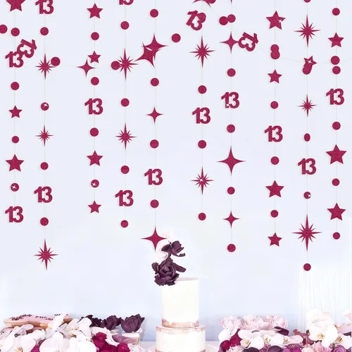 Miniatura 6 de Decoraciones Negras de Cumpleaños Número 13 Círculo Punto Estrella Centelleante Guirnalda Serpentina Colgante Metálica Banderín Banner Telón de Negro