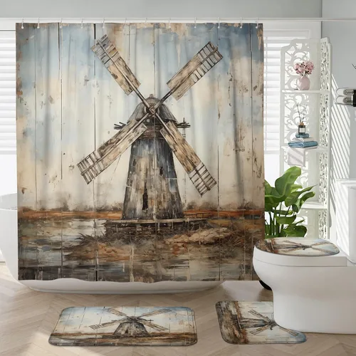 Miniatura 39 de Juego de baño estilo granja de 3 piezas con cortina de ducha y alfombras, cortina de ducha de 72'' y dos alfombras de baño antideslizantes lavables