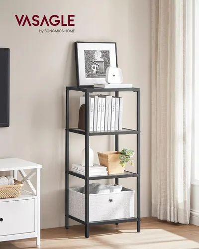 Miniatura 2 de VASAGLE - Librero, estantería de 4 niveles, estantería delgada para dormitorio, baño, oficina en casa, vidrio templado, marco de acero, negro mate