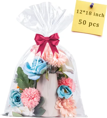 Miniatura 8 de CUDICY 100 bolsas de celofán de 10 x 14 pulgadas, bolsas de regalo grandes transparentes para regalos, bolsa de regalo transparente con lazos