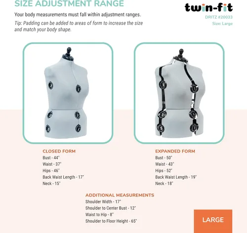 Miniatura 3 de Dritz Maniquí de Vestido Ajustable Twin-Fit Talla Grande, Tallas US 18–22, Maniquí de Costura Femenino con Torso Corporal Sujetable con Alfileres