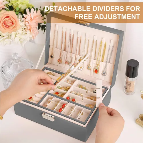 Miniatura 3 de Joyero para mujeres y niñas, 2 capas de cuero, organizador de joyas de viaje, estuche de almacenamiento con cerradura y bandeja extraíble