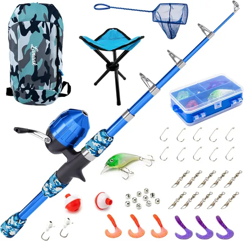 Miniatura 8 de Lanaak Caña de Pescar para Niños, Juego de Caña de Pescar Telescópica Portátil para Niños, Kit Combo de Caja de Aparejos y Red de Pesca, Equipo