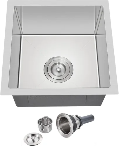 Fregadero de cocina empotrado de 15 x 15 pulgadas, fregadero de barra de cocina de acero inoxidable T-304 hecho a mano de cuenco único o pequeño