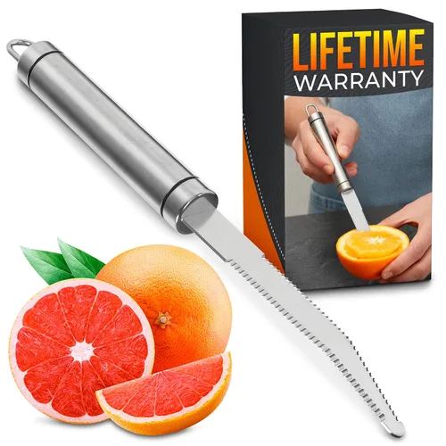 Cuchillo de toronja con doble hoja dentada curva, cortador y pelador de frutas cítricas de acero inoxidable con mango ergonómico, apto para