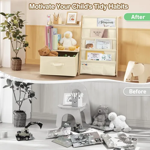 Miniatura 5 de Estantería infantil y organizador de juguetes 2 en 1, estante para libros para habitaciones de niños con cubo de juguetes móvil, estante de 4 Beige