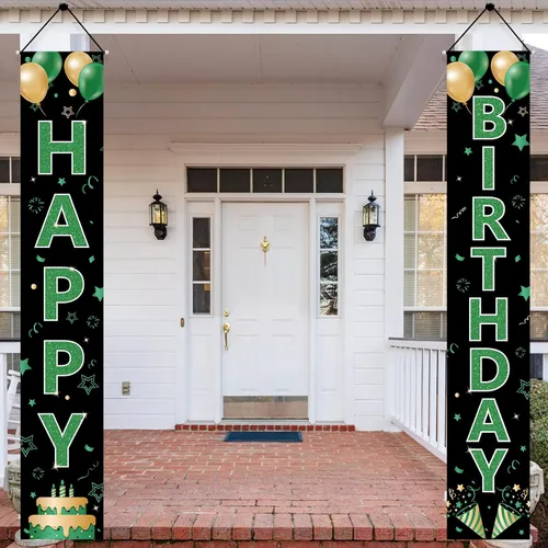 Miniatura 4 de Cartel verde para puerta de cumpleaños para mujeres y hombres, letrero de feliz cumpleaños verde negro dorado para porche, suministros de fiesta