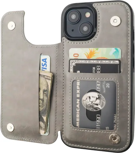 ONETOP Compatible con iPhone 15 Funda Tipo Cartera con Portador de Tarjetas, Funda de Cuero PU con Soporte y Ranuras para Tarjetas, Doble Cierre Gris