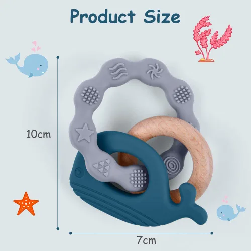 Miniatura 2 de Vicloon Juguetes mordedores para bebés, anillo de silicona y madera natural, juguetes de dentición para bebés de más de 3 meses, anillos masticables