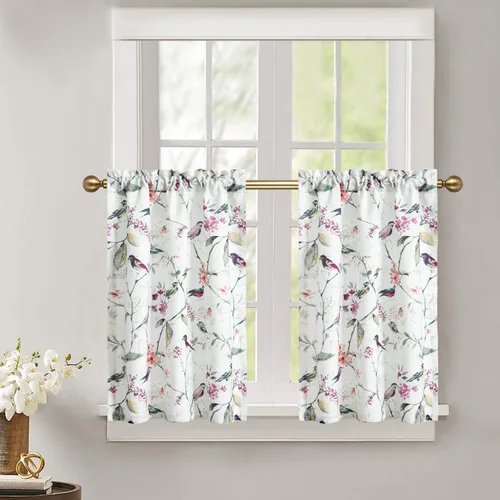 Miniatura 25 de Leeva - Cortinas pequeñas con estampado de pájaros, 24 pulgadas de largo, conjunto de paneles para ventanas, diseño de estampado de pájaros